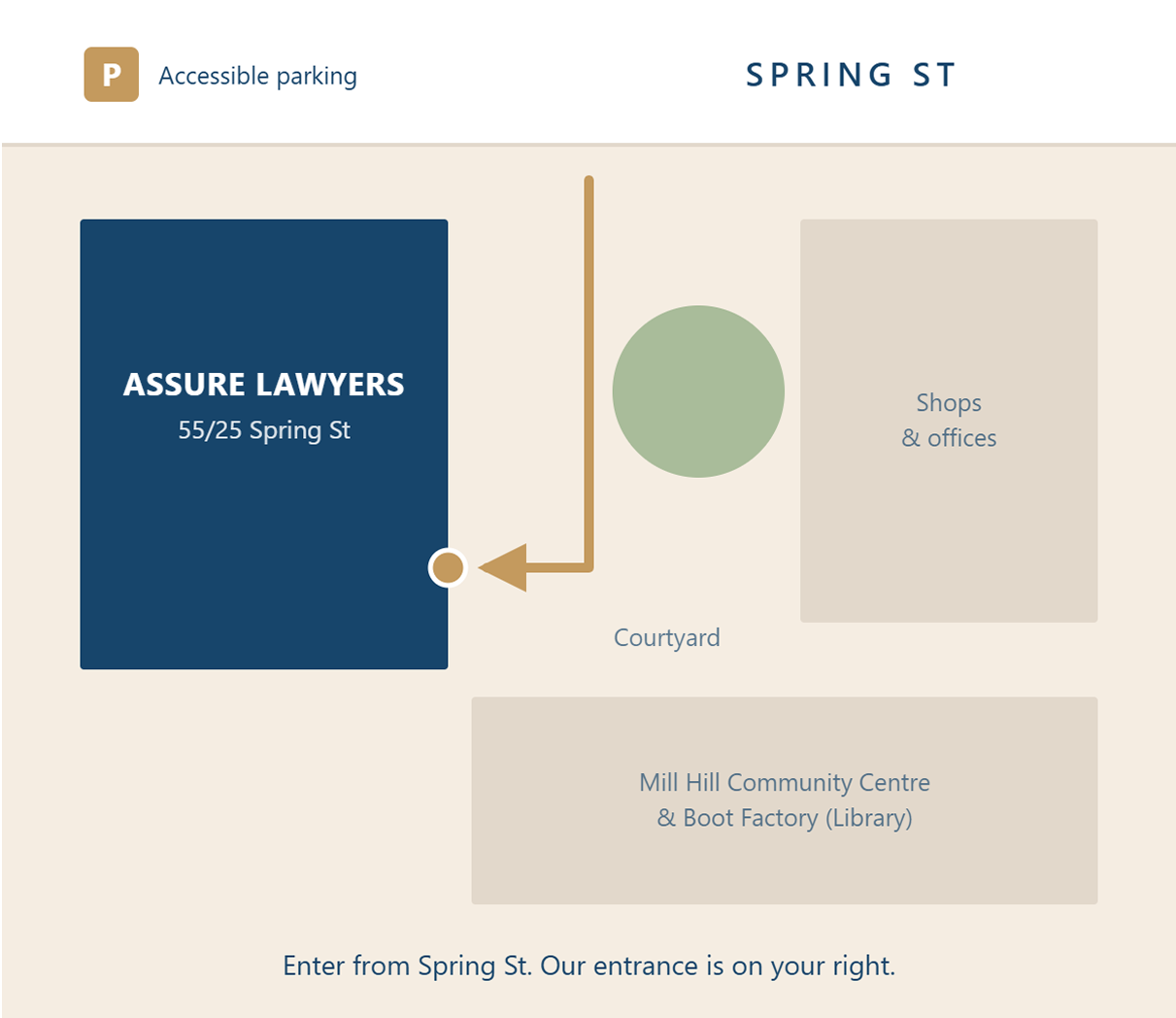 Map showing location of Assure Lawyers at 55/25 Spring Street near other shops, offices, courtyard, Mill Hill Community Centre, Boot Factory, and accessible parking on Spring Street.