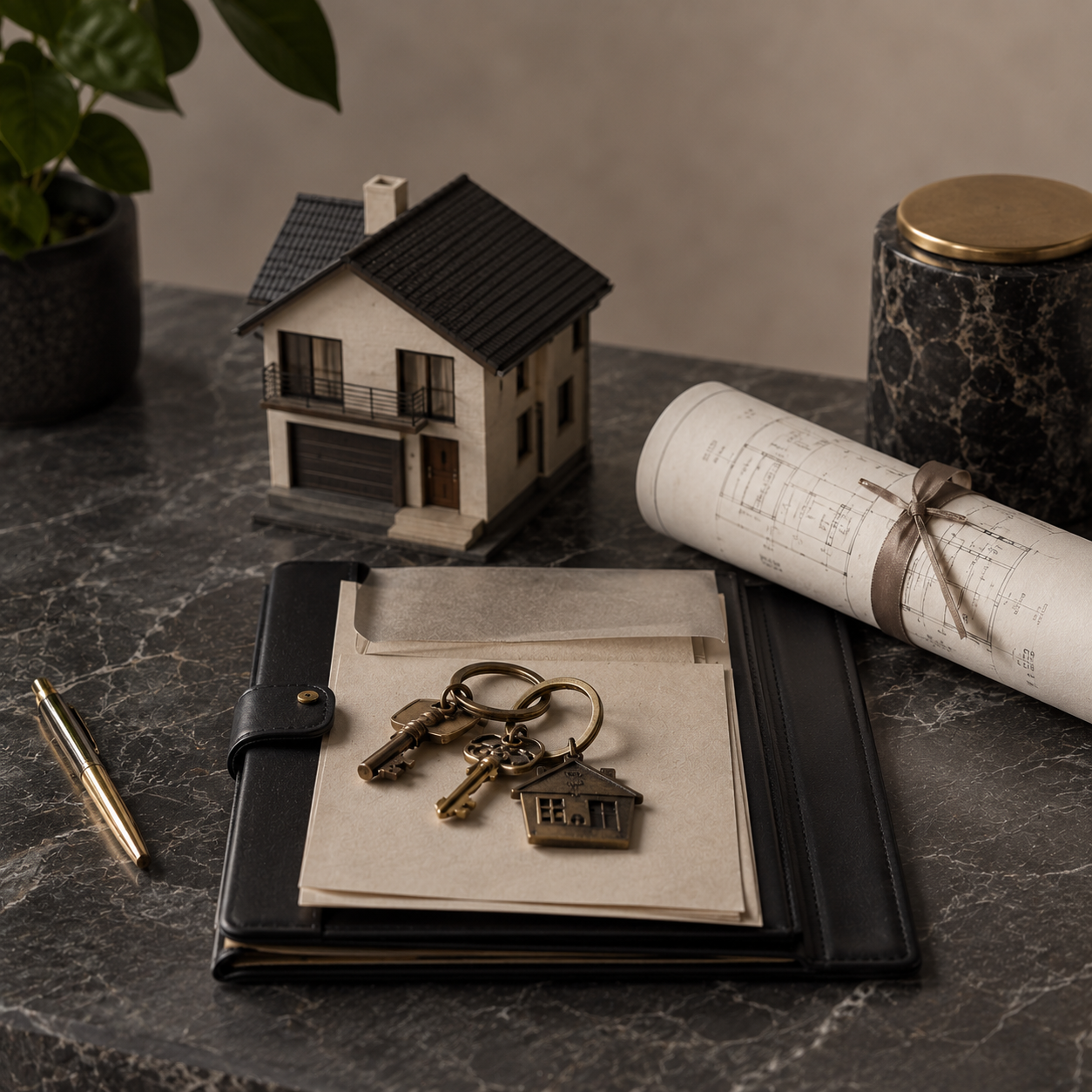 A dark marble table with a small model house, a rolled set of blueprints tied with a ribbon, a black portfolio with a folder inside, a gold pen, and a set of keys with house-shaped keychains. There is also a black marble container with a gold lid and a potted plant.