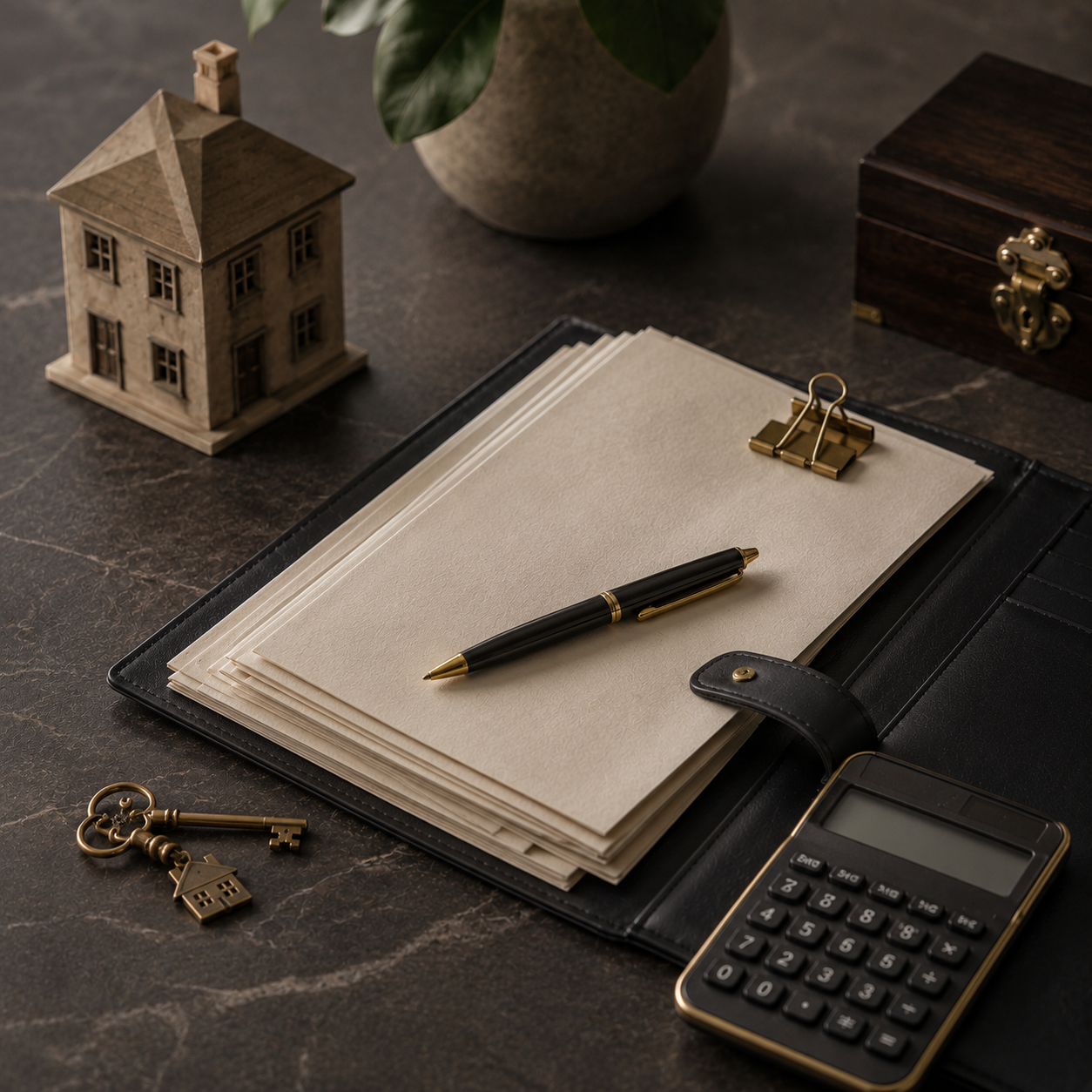 Desk workspace with a black leather binder holding cream-colored papers, a black and gold pen, a calculator, a set of keys including a house key and keychain, a small wooden house model, a potted plant, a wooden box with a brass latch, and a file tab clip.