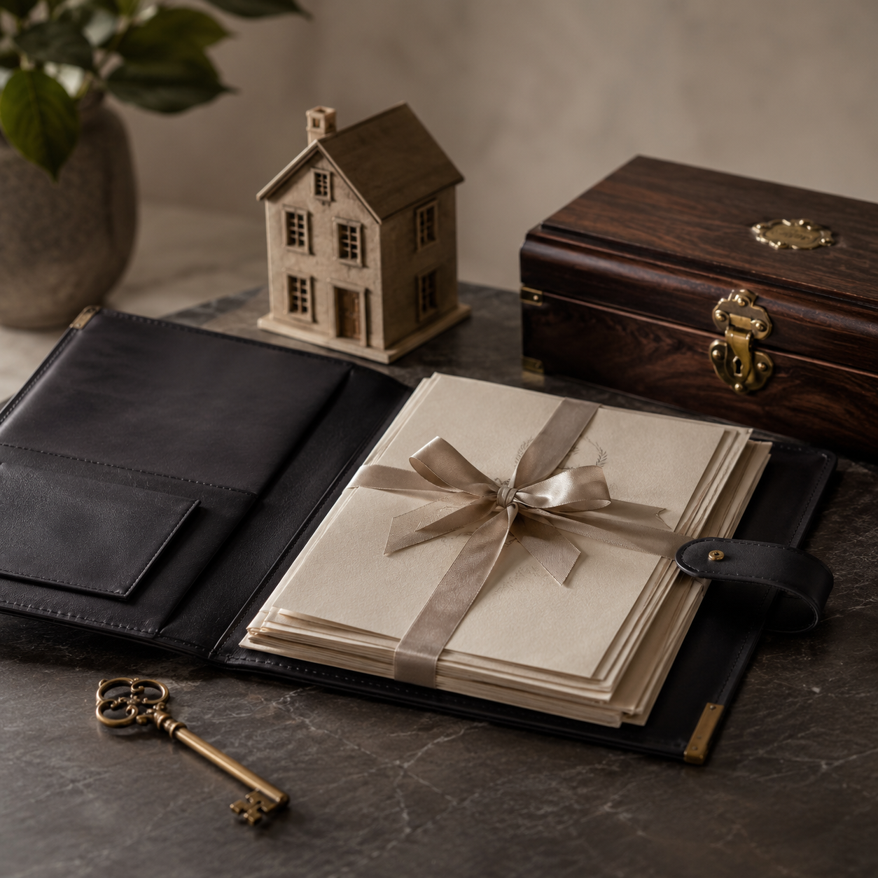 A wedding planner's desk with a black leather folder containing a stack of cream-colored cards tied with a satin ribbon, a small brass key, a wooden house figurine, a decorative wooden box, and a potted plant in the background.