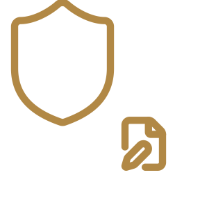 Outline of a shield with a document icon and a pencil in the bottom right corner.