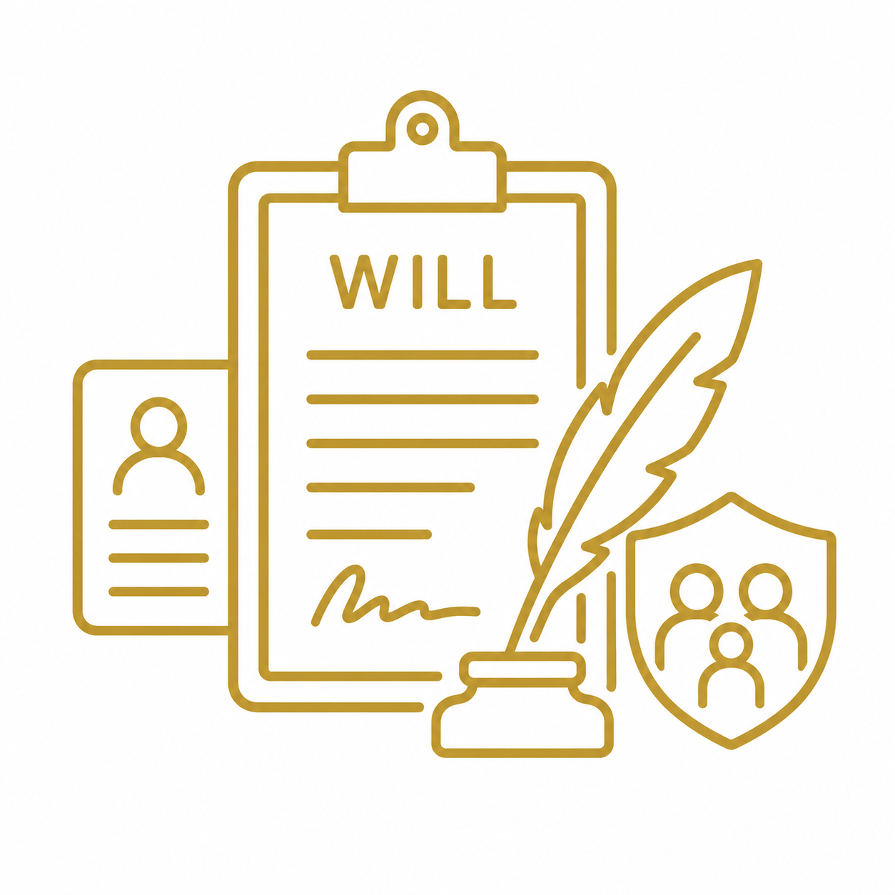Iconic line drawing of a will document on a clipboard, accompanied by a shield with people, a quill, and a portrait outline, all in gold color.