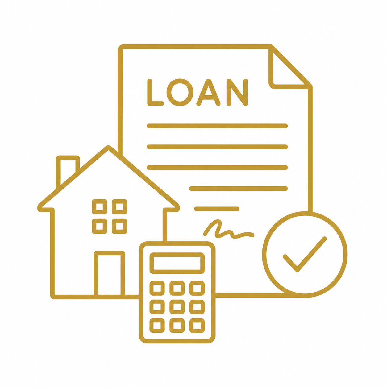 Gold outline illustration of a house, a loan agreement document, a calculator, and a checkmark circle, indicating home loan approval.