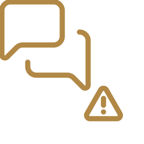 Two speech bubbles with an exclamation mark inside a triangle, indicating a warning or caution about communication.