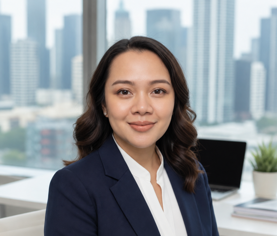 Businesswoman with wavy dark hair in a navy blazer and white shirt sitting in an office with a city skyline view.