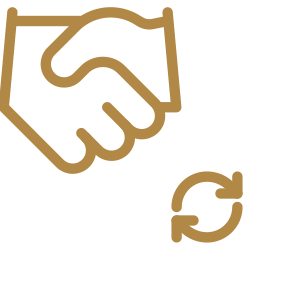 Illustration of a handshake with a currency symbol and a circular arrow, representing financial transactions or agreement.