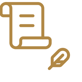 Icon of a parchment paper with a folded corner and lines of text, accompanied by a pen.
