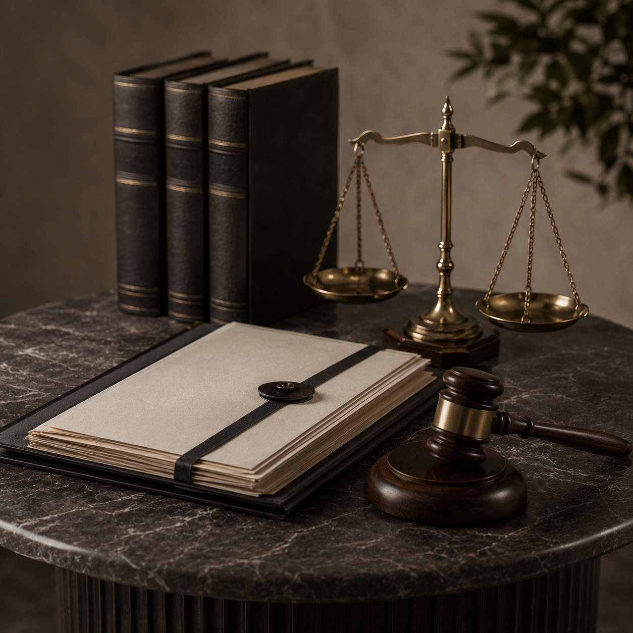 A gavel, a set of legal documents with a black strap, a brass balance scale, and three black bound books are displayed on a dark marble table in a legal office setting.