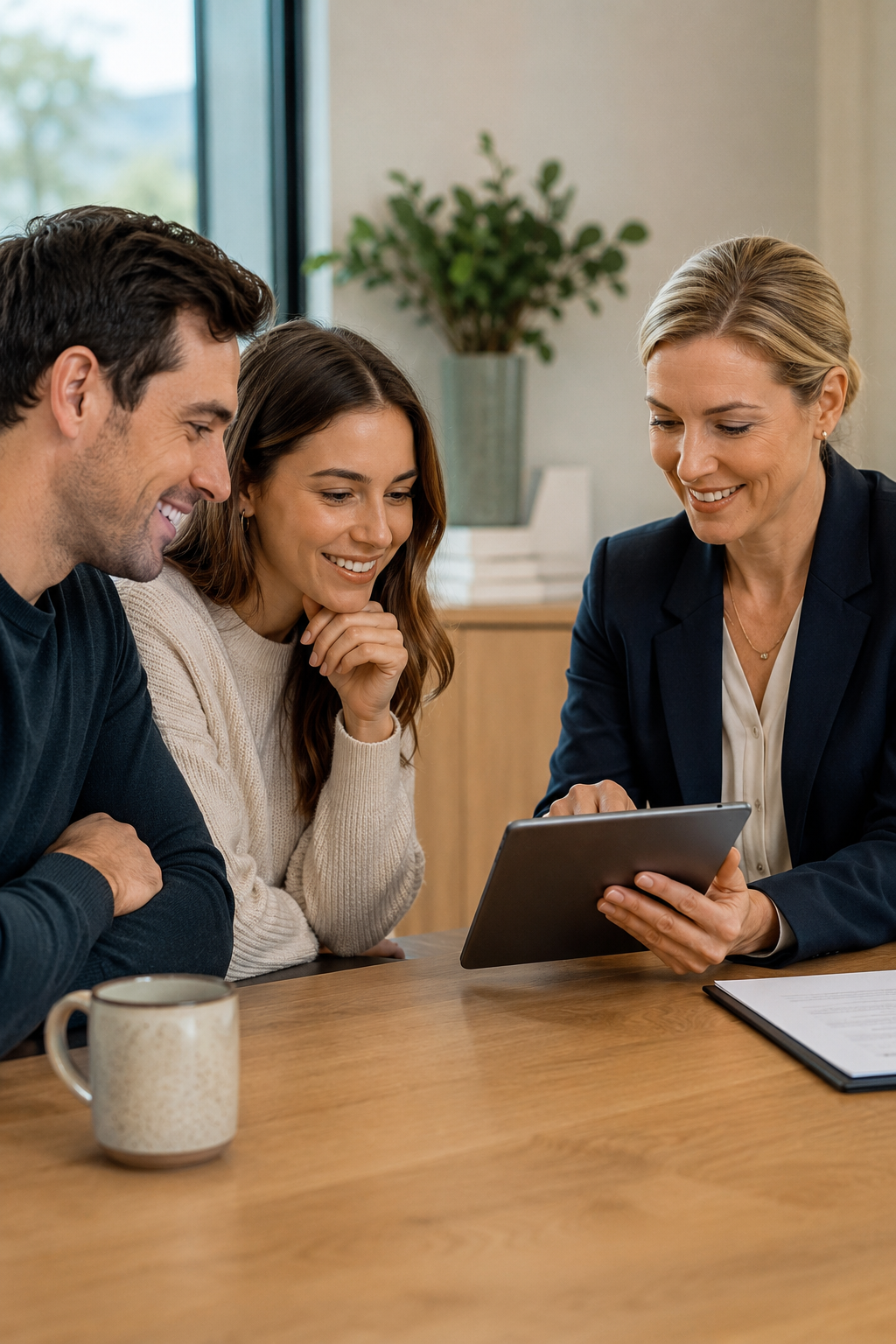 Three people, two women and one man, sitting at a wooden table, looking at a tablet, smiling, in a well-lit office with a window and potted plant in the background.