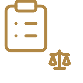 Icon of a clipboard with checklist and a scale of justice.