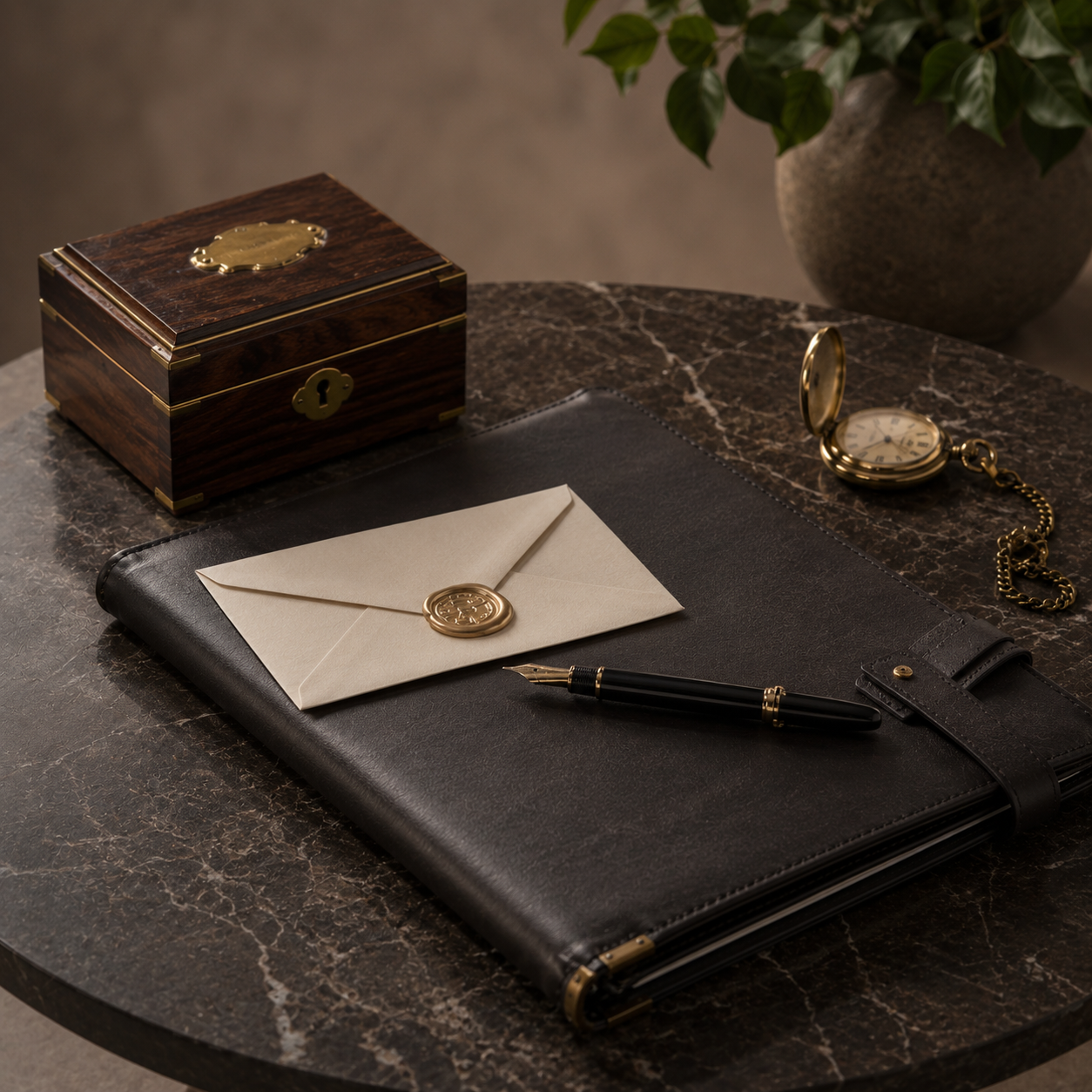 Vintage brass pocket watch, closed ivory envelope with wax seal, black leather portfolio with fountain pen, wooden jewelry box, and potted plant on a marble table.