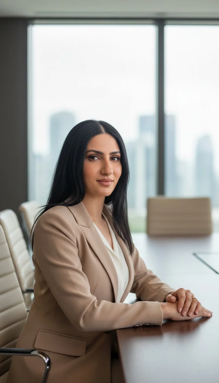 A professional woman with long dark hair sitting at a conference table in a modern office with large windows and cityscape background.