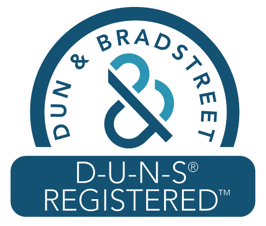 The image shows a logo with the text "DUN & BRADSTREET" around a large ampersand, and a rectangular blue badge below that reads "D-U-N-S REGISTERED".