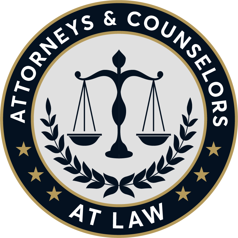 Seal for Attorneys & Counselors at Law featuring a balanced scale and laurel wreath.