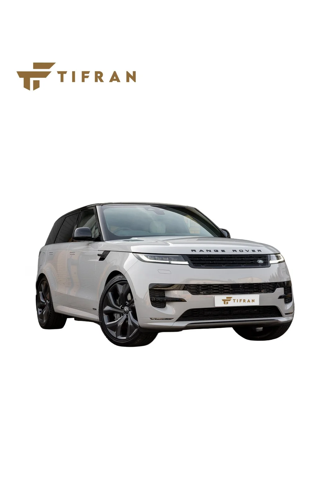 Auto SUV bianca con loghi TIFRAN e Range Rover, vista frontale, su sfondo bianco.