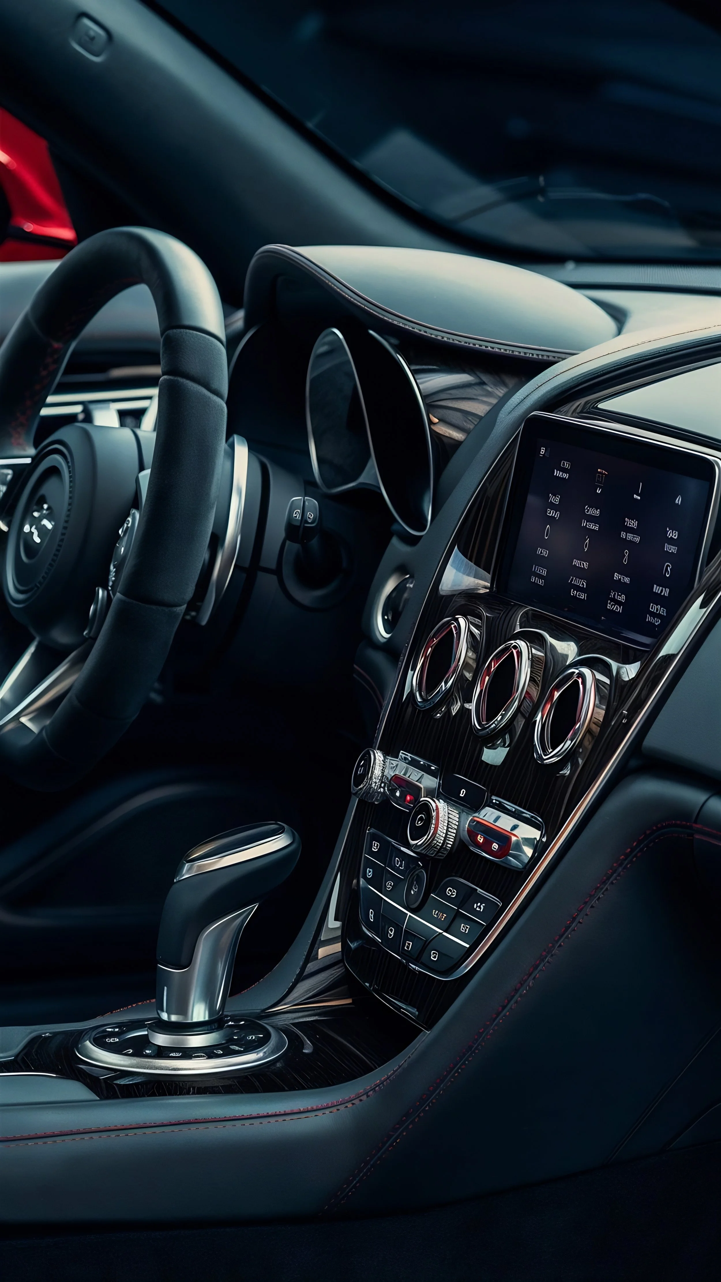 Interno di un'auto di lusso con volante, schermo digitale, e comandi al centro con dettagli in metallo e pelle
