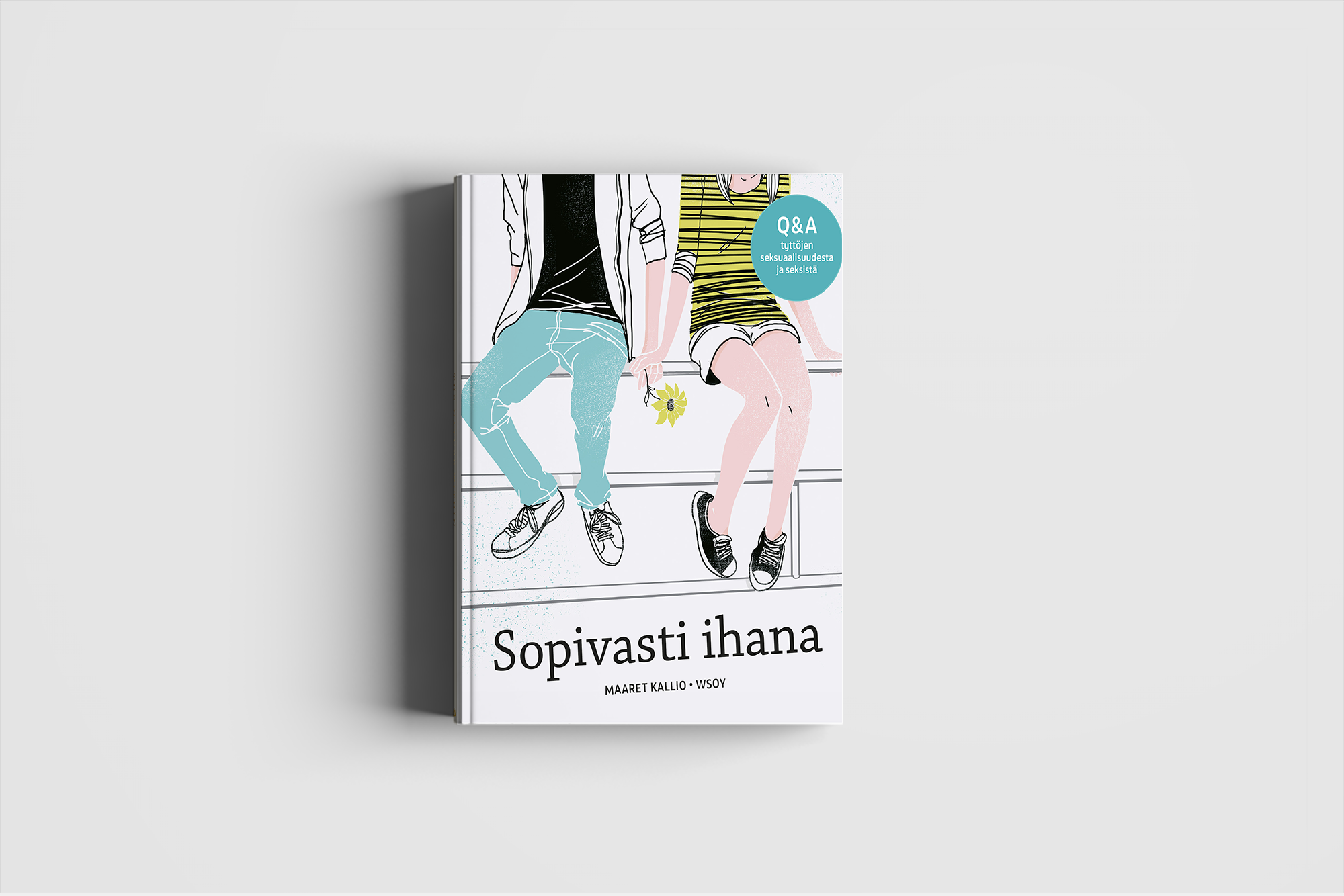 Kirja kannessa nuoret istuvat penkillä, naisen jalat näkyvät ja kädessä on kukka. Kirjan nimi on "Sopivasti ihanana" ja aiheena seksuaalisuus ja seksi.
