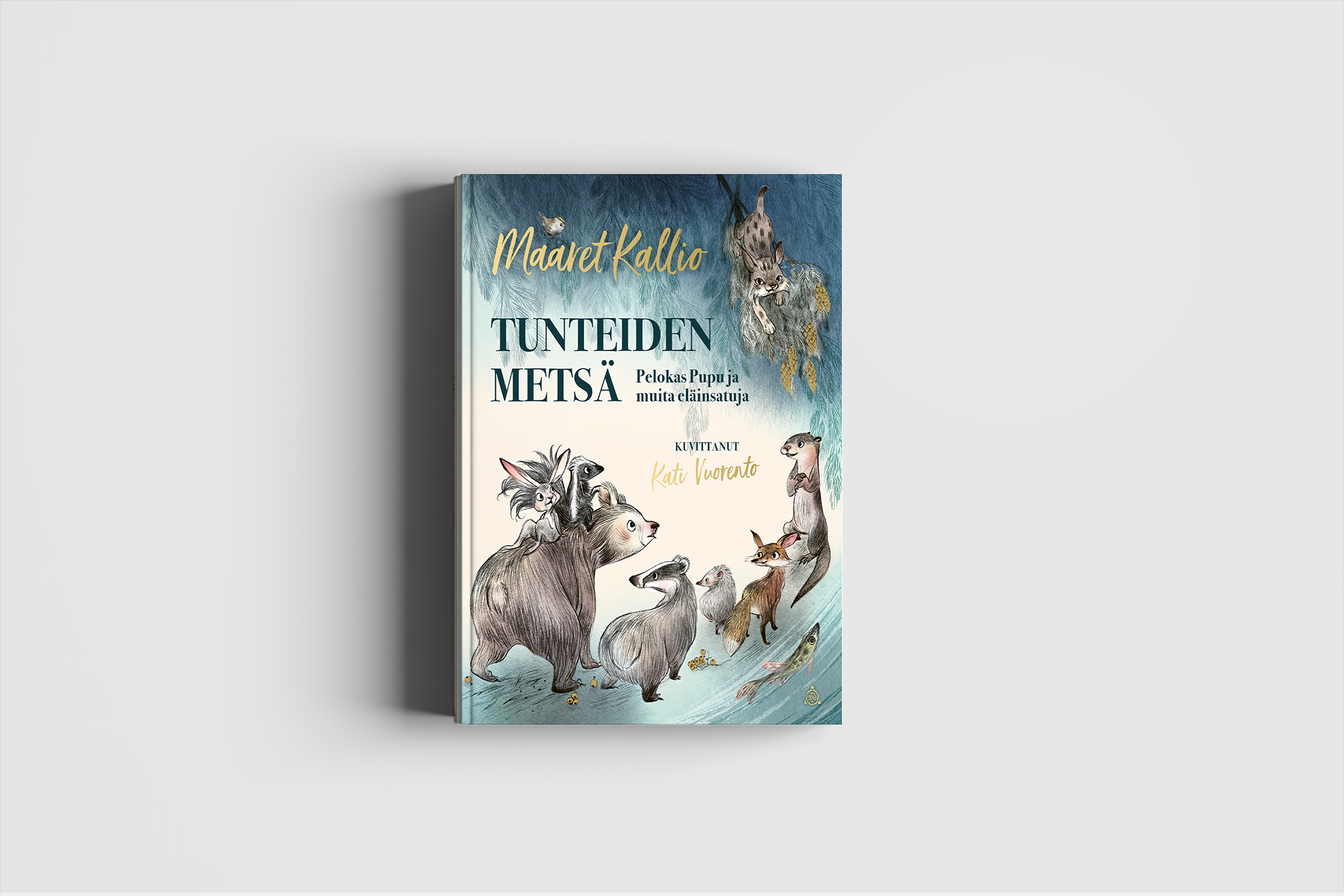 Kirja kansi, jossa on havumetsän eläimiä kuten ahma, sika, jänis, ilves ja muitakin, taustalla havupuita. Teksti: "Maaret Kallio - Tunteiden metsä".