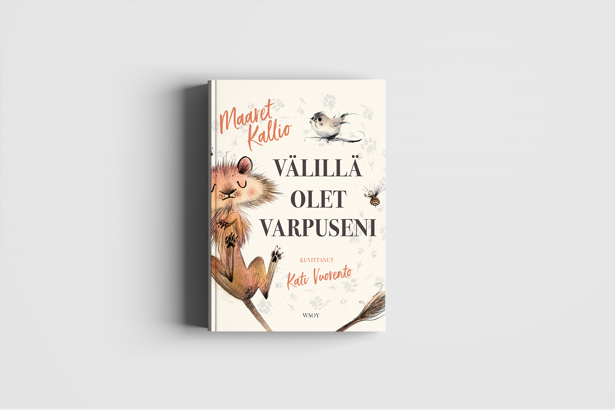 lasten kirja kansikuva, jossa on piirros oravasta ja muista hyönteisistä ja eläimistä, kirjan nimi 'Välillä olet varpusen'