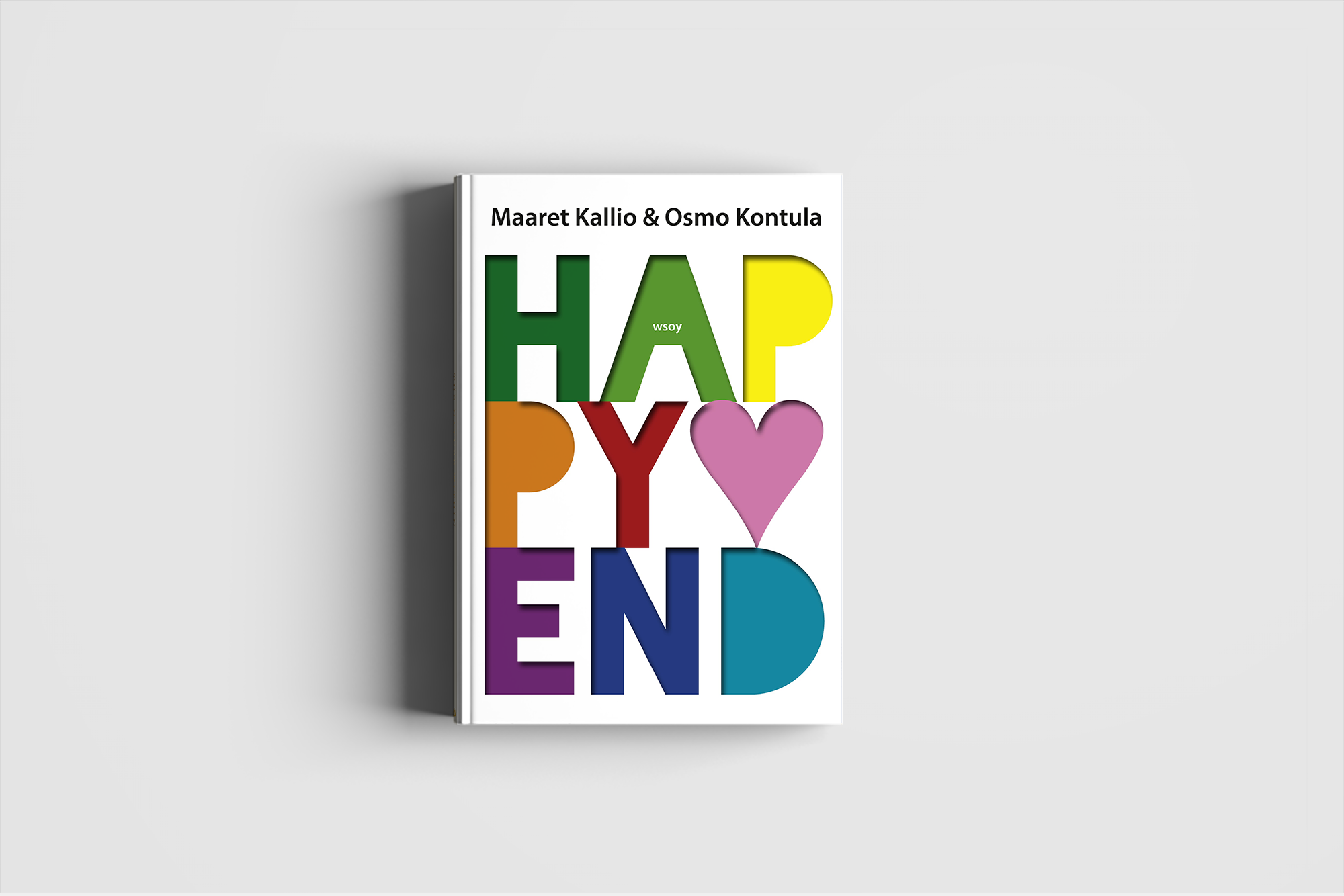 Kirja titled "HAPPY" kirjoittajien Maaret Kallio ja Osmo Kontula kanssa, jossa on värikkäitä kirjaimia ja sydänsymboli.