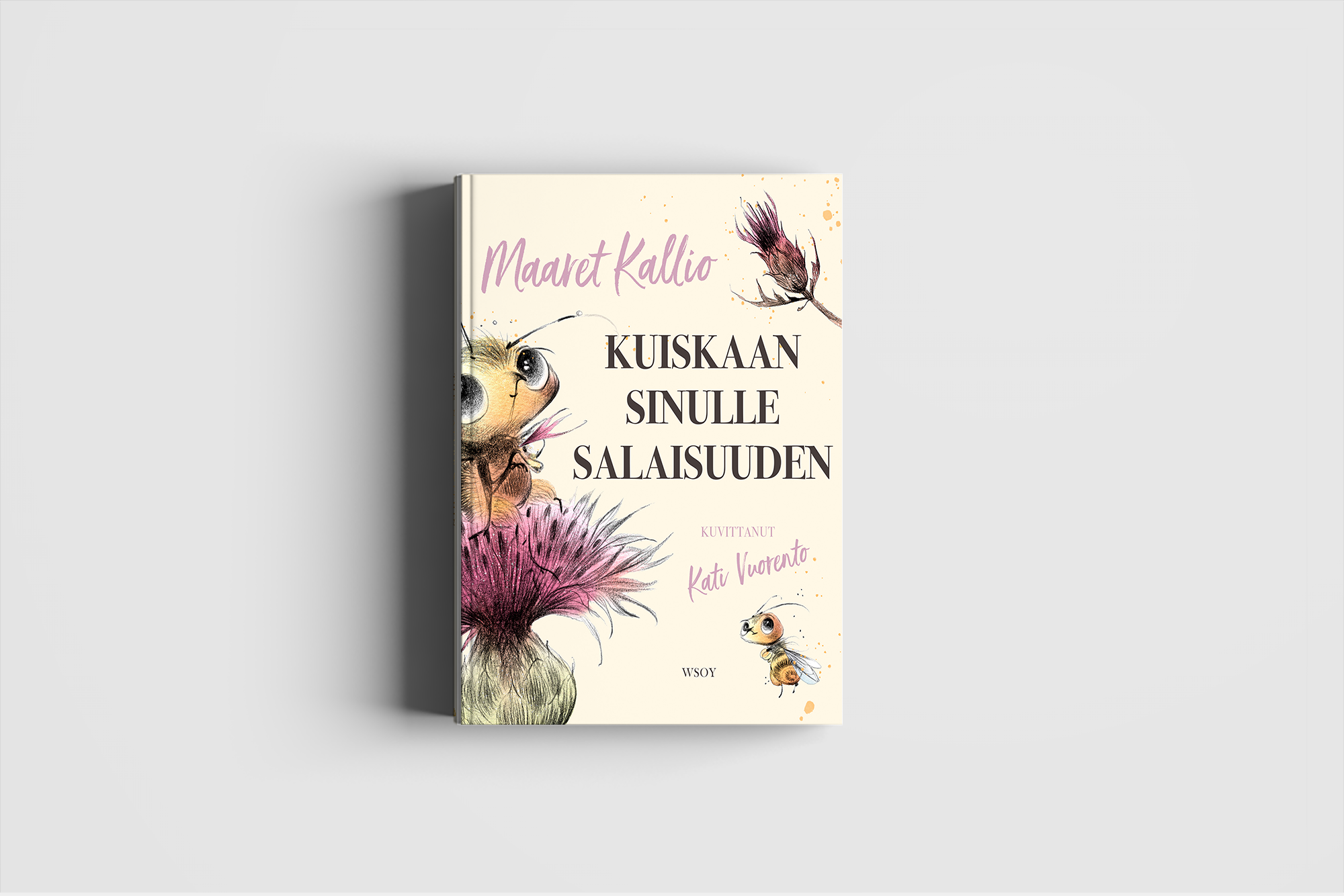 Kirjan kansi, jossa on piirretty mehiläinen ja kukkia, ja teksti "Maaret Kallio - Kuiskaan sinulle salaisuuden".