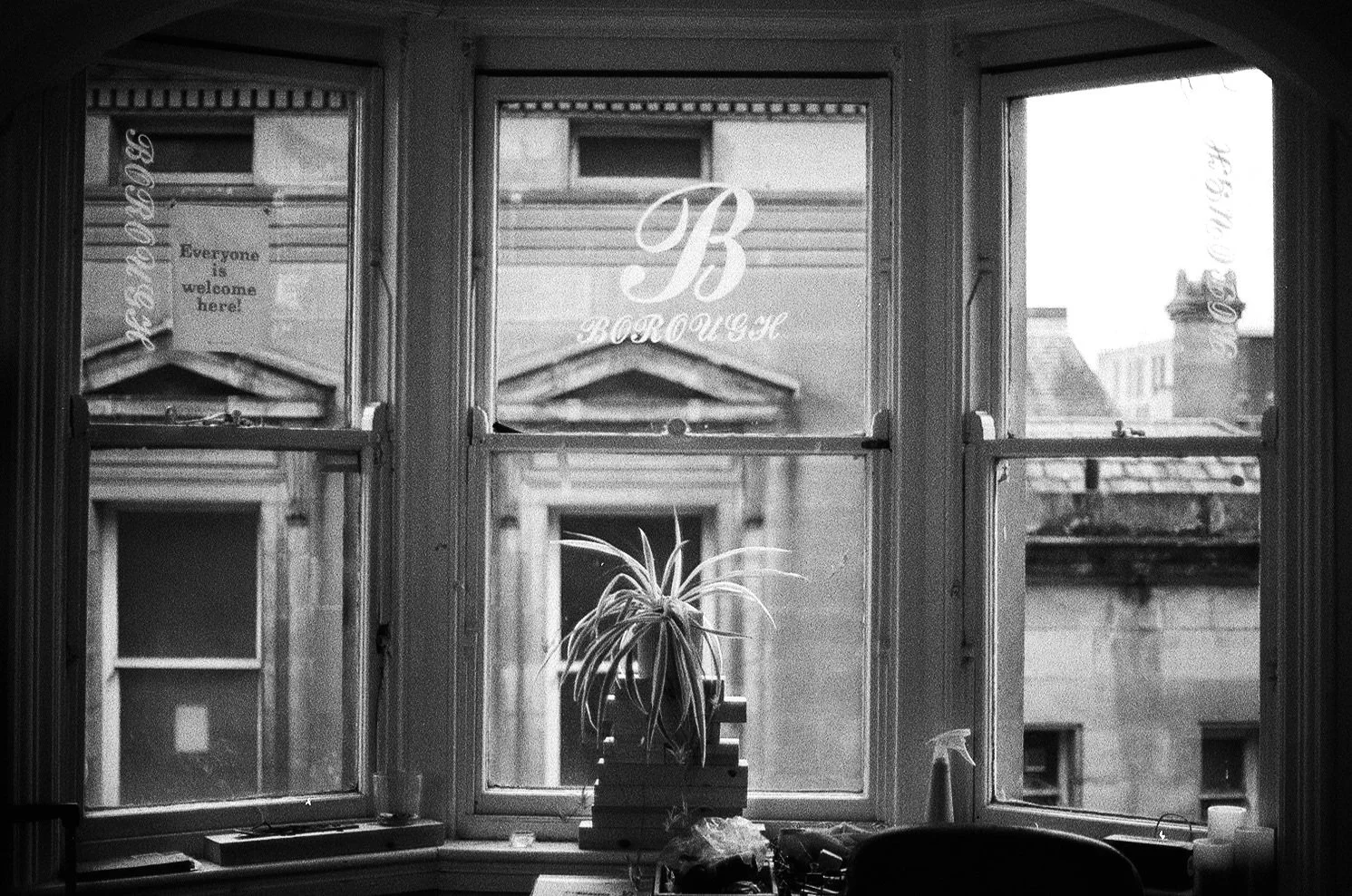 Black and white photo of a room viewed through a window with three panes, showing an indoor plant on a window sill, and the view of neighboring buildings outside.