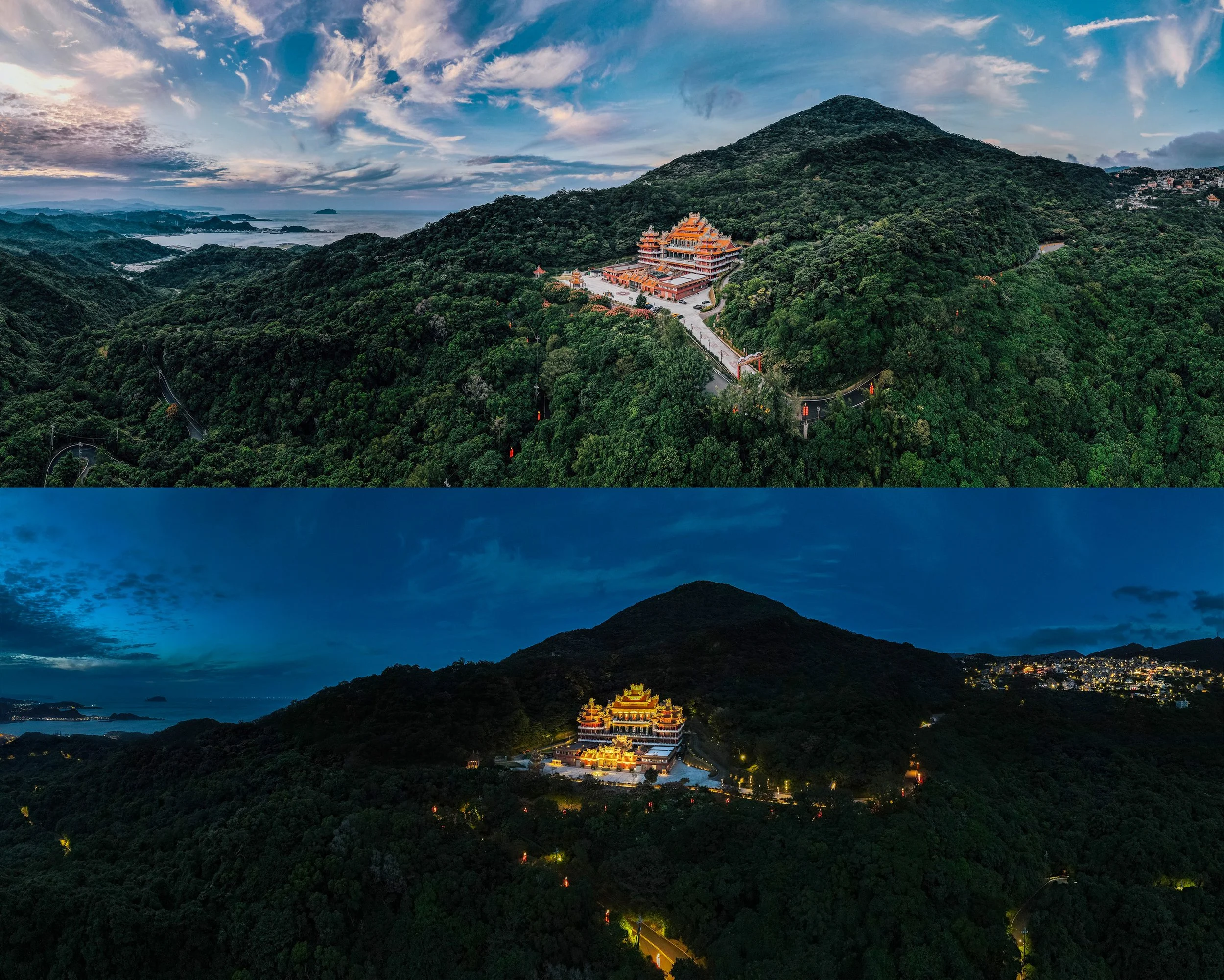 Nighttime view of a forested hill with a large traditional Asian temple lit up at the base, and a mountain in the background under a partly cloudy sky