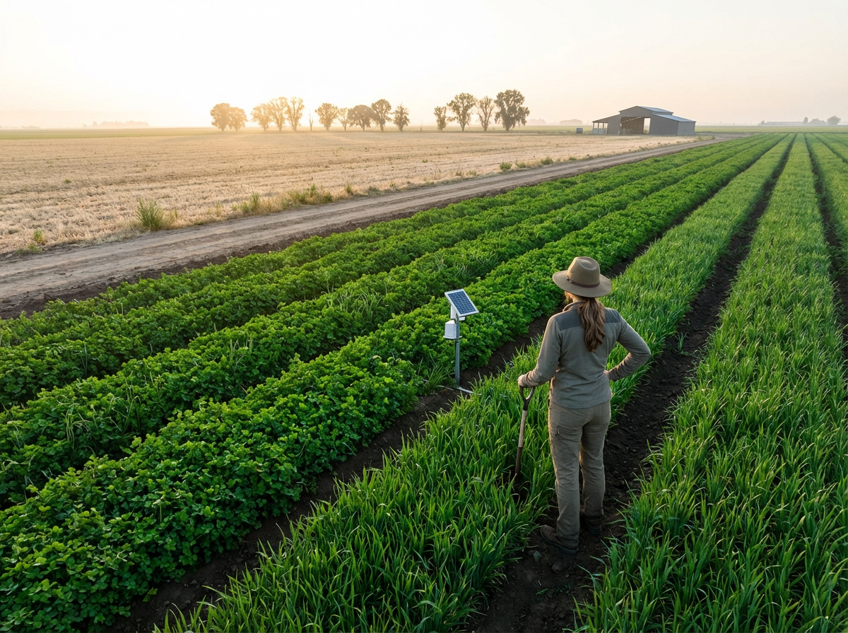 Farmer working in a lush green farm field during sunset, with a solar panel and a small building in the background.
