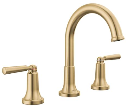 A gold-colored kitchen faucet with separate handles for hot and cold water.