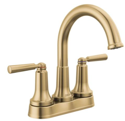 Gold-colored kitchen faucet with two handles and a high-arc spout.