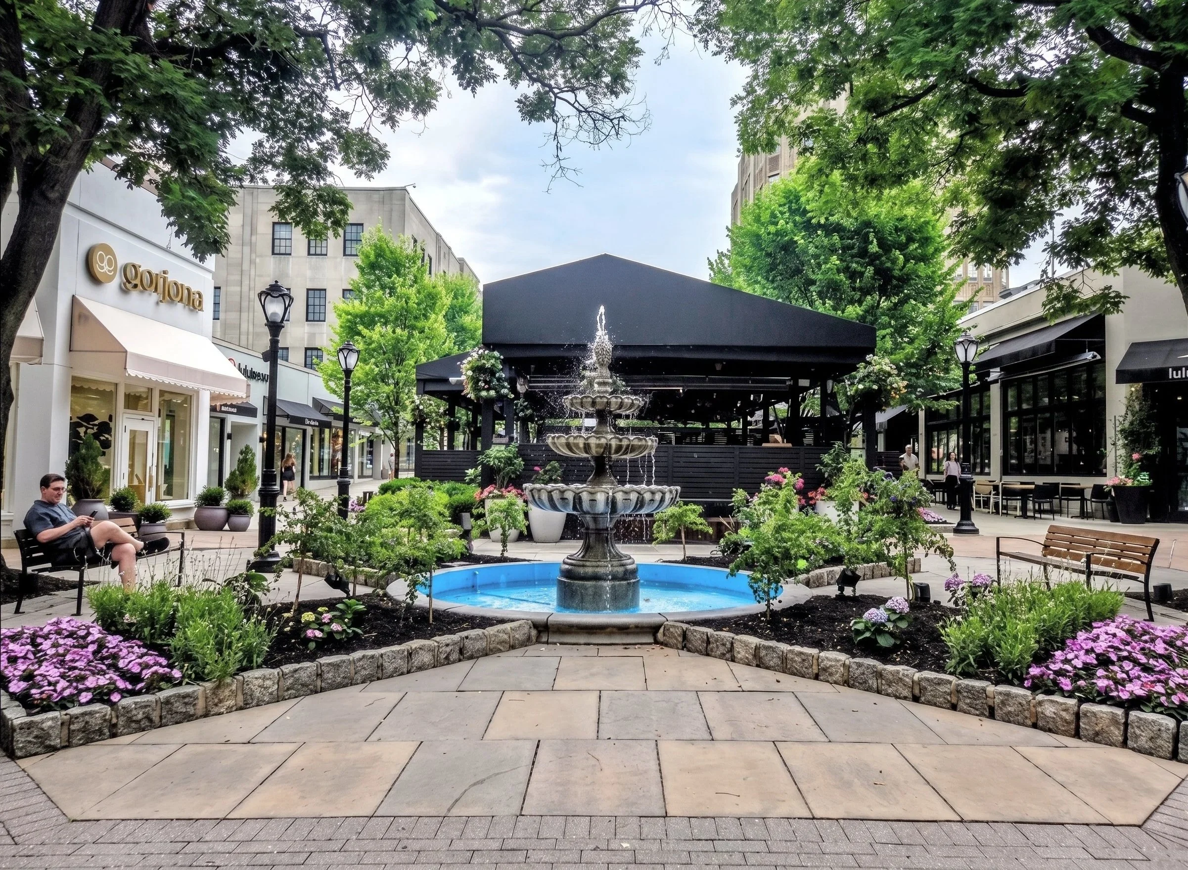 A city outdoor plaza with a fountain surrounded by flowers, benches, and trees; storefronts and tall buildings in the background.