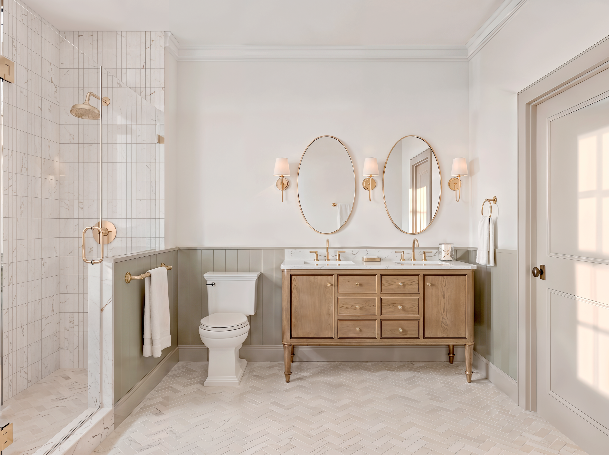 Elegant bathroom featuring a walk-in shower with marble tiles, a floating vanity with dual sinks, two oval mirrors, and matching wall sconces lighting.