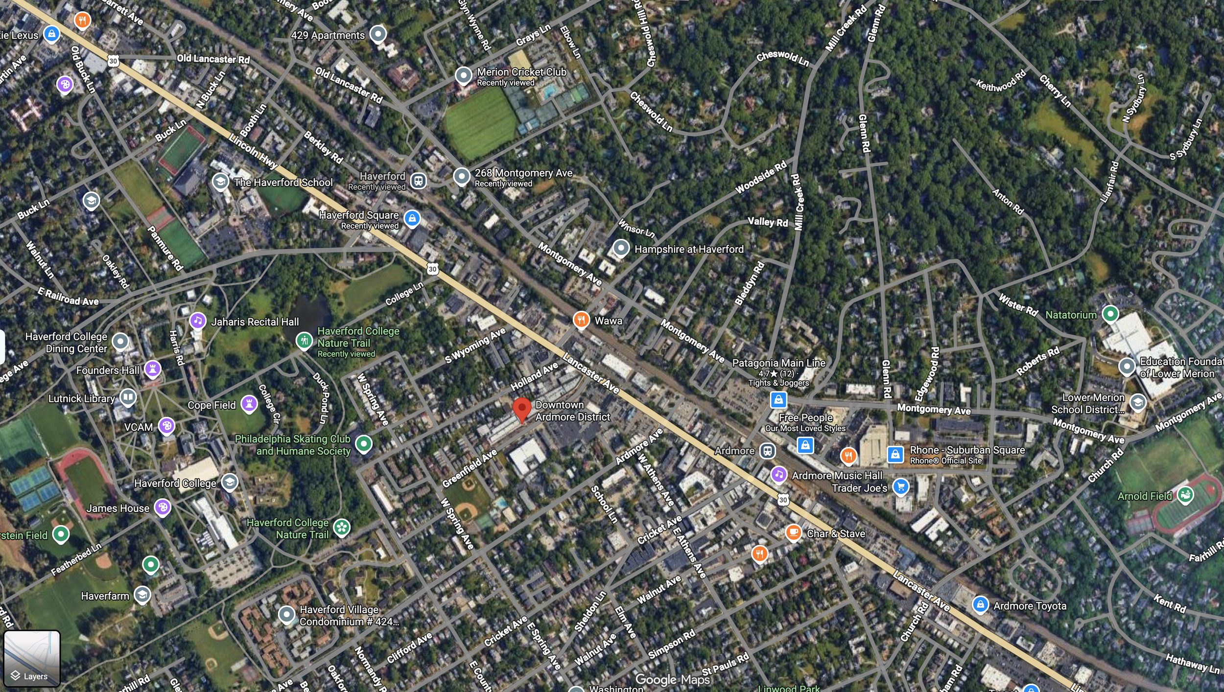 Satellite view of Haverford, Pennsylvania showing streets, parks, schools, a hospital, and various labeled neighborhoods and landmarks.