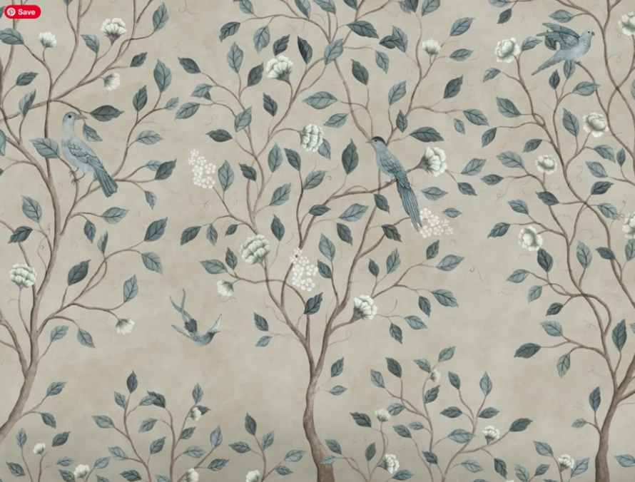 Illustration of trees with green leaves and white blossoms, and blue birds perched on branches, set against a beige background.