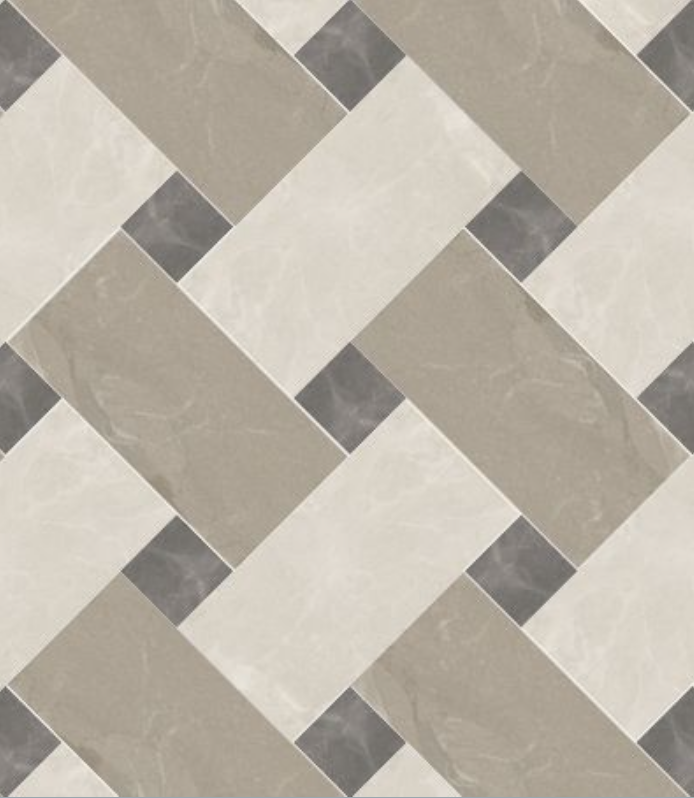 Close-up of a patterned tile floor with off-white, beige, and gray tiles arranged in a geometric pattern.