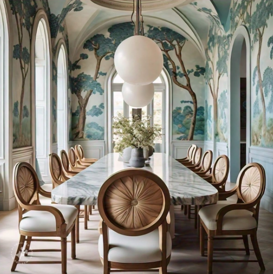 Elegant dining room with a marble table, beige upholstered chairs with round backrests, intricate wall murals of trees and clouds, and large spherical pendant lights hanging from a vaulted ceiling.