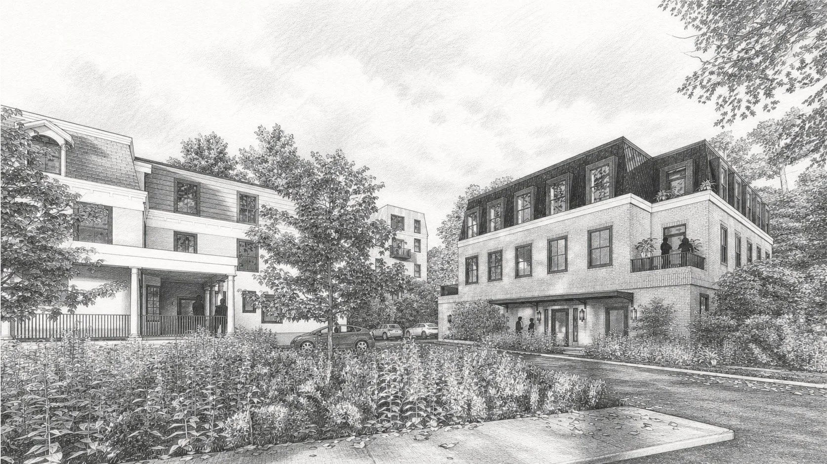 Black and white drawing of a modern apartment complex with trees, parking area, and people socializing.