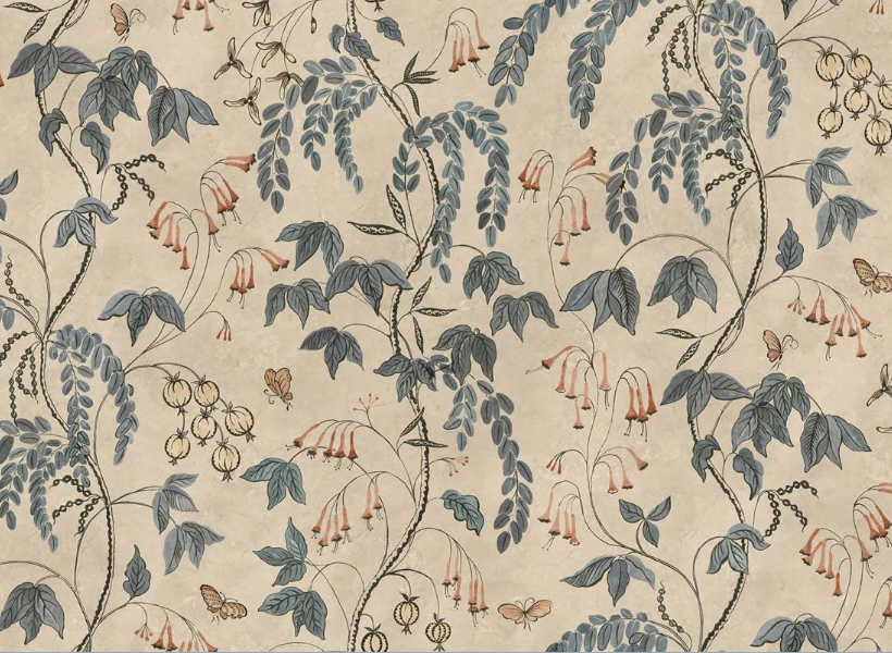Floral wallpaper pattern with blue leaves, pink bell-shaped flowers, and butterflies on a beige background.