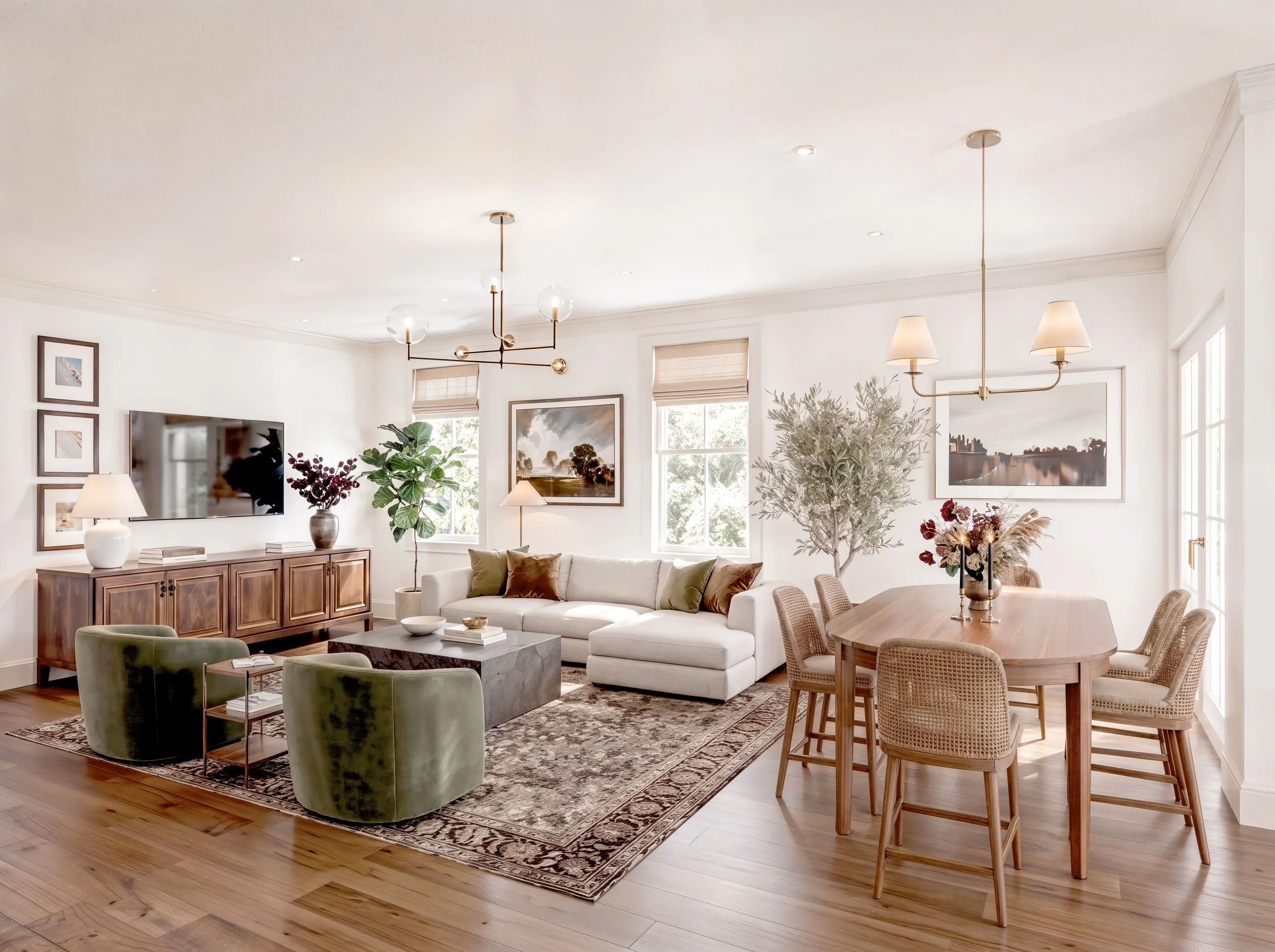 A living room with a white sofa, green velvet chairs, a wooden dining table with wicker chairs, a dark wood sideboard, artwork, and indoor plants, with large windows and modern lighting fixtures.