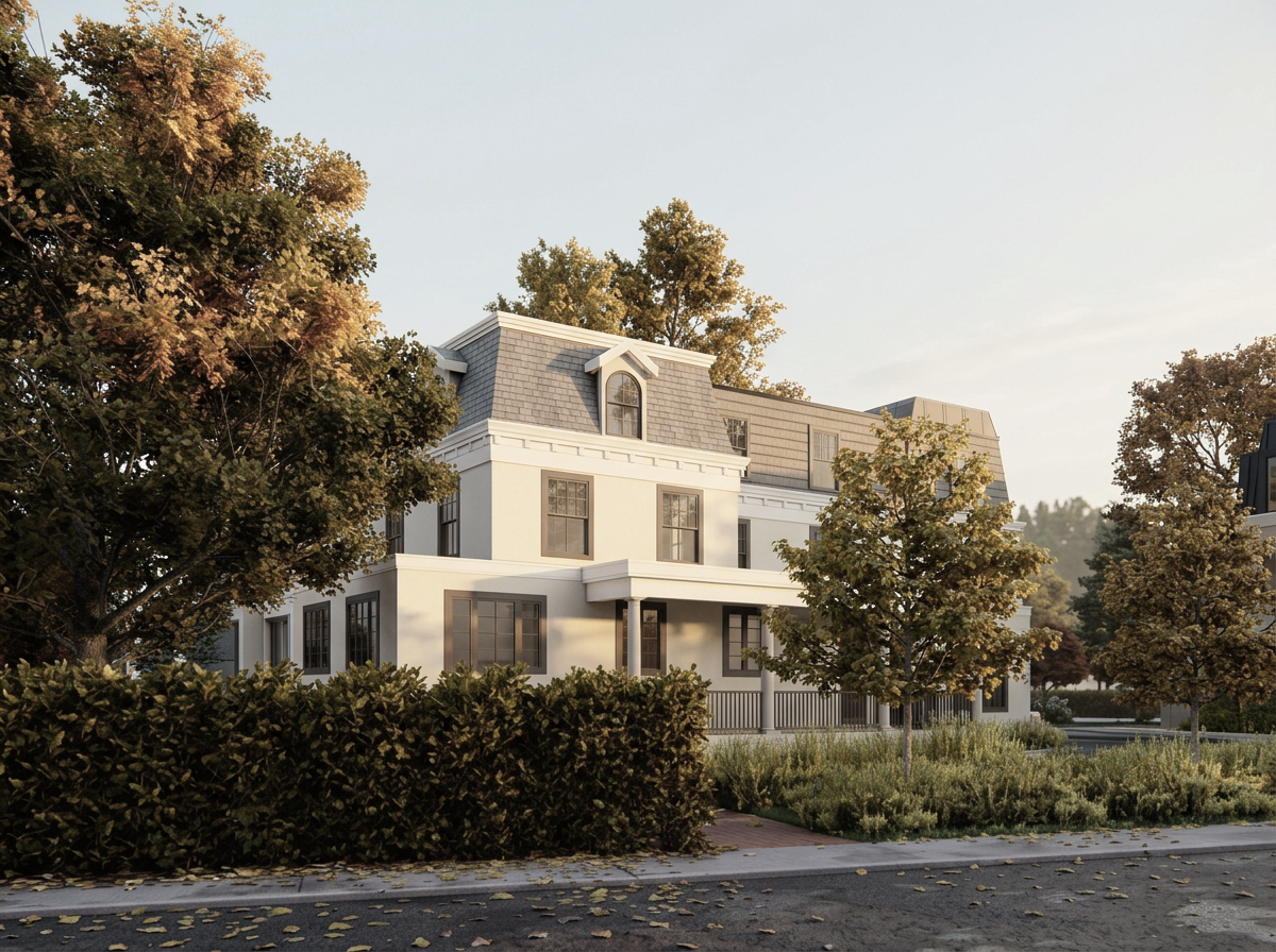 A large multi-story house with a white exterior, multiple windows, a porch, and a mansard roof, surrounded by trees and landscaping, with a sidewalk and street in the foreground.