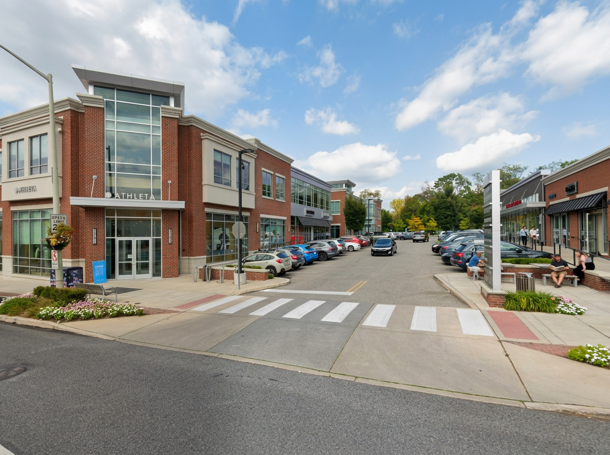 A shopping center parking lot with cars parked along the sides and a few people sitting outside on benches. The buildings have a modern brick design with large windows and storefronts.
