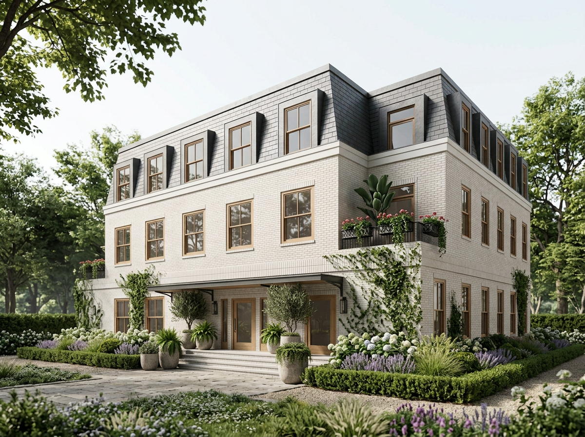 A modern multi-story house with white brick walls, black roof dormer windows, and large wooden-framed windows, surrounded by lush green trees and landscaped gardens with various plants and flowers.