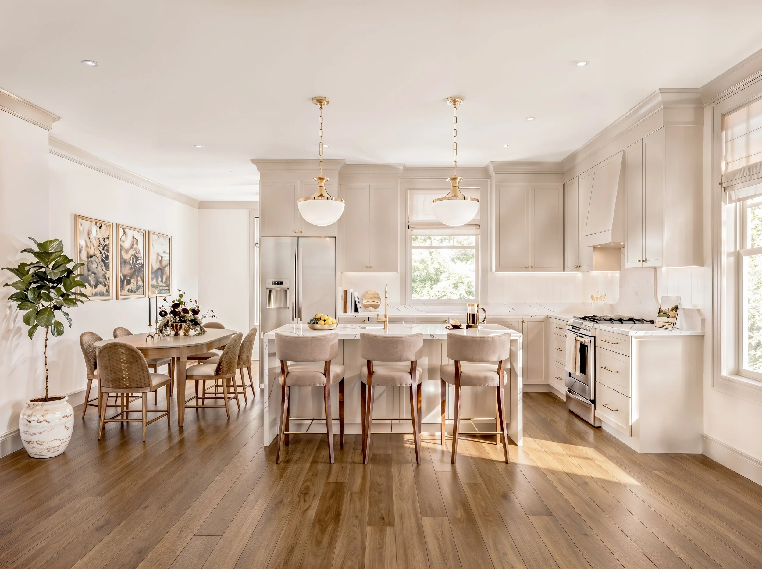 Bright and airy kitchen with white cabinets, a kitchen island with beige chairs, pendant lighting, a built-in refrigerator, and large windows letting in natural light. Decor includes framed artwork and a plant.
