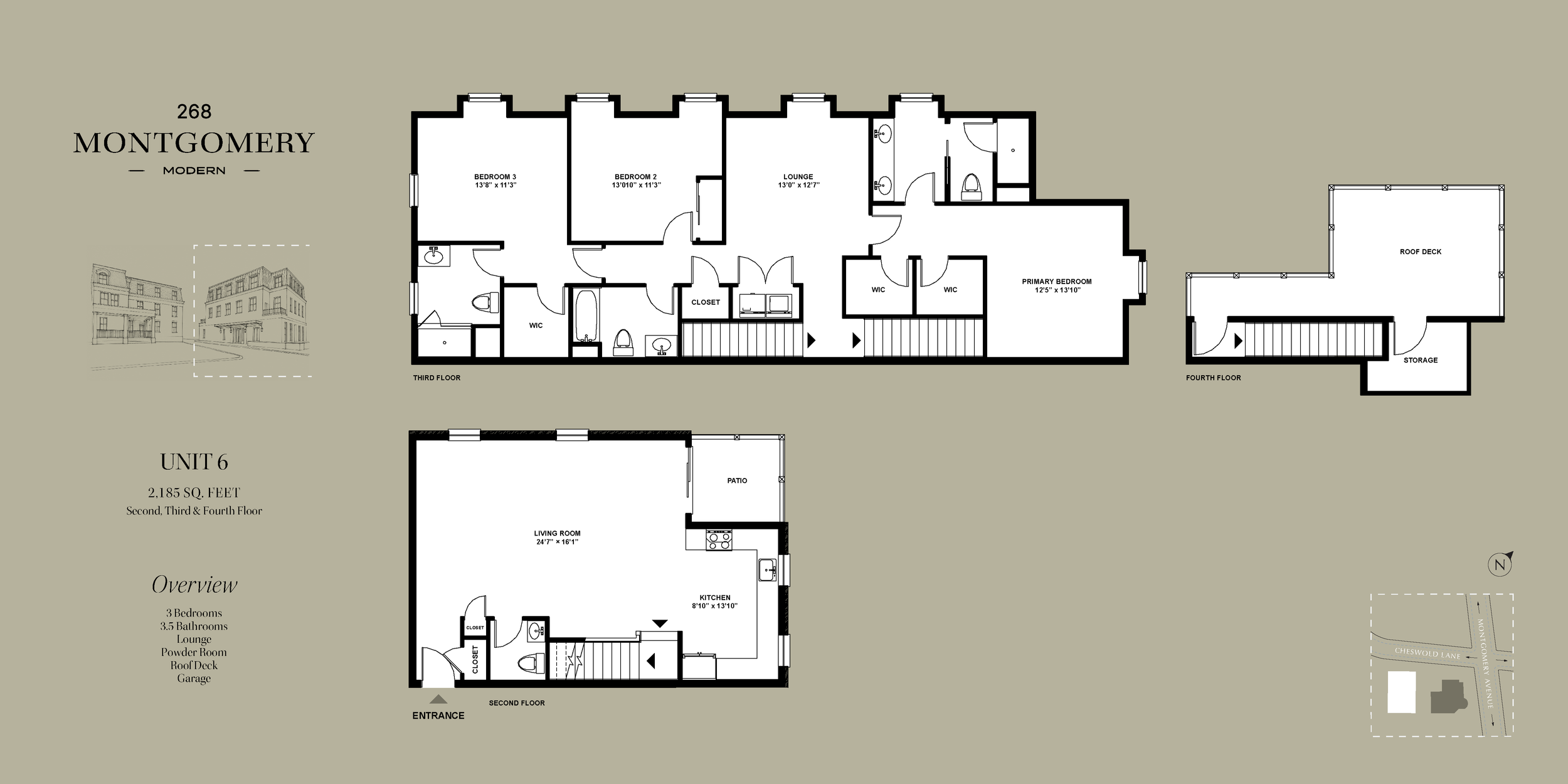 Floor plan of a three-story residential unit including three bedrooms, living room, kitchen, patio, roof deck, and storage area, with labels for each room and dimensions indicated.