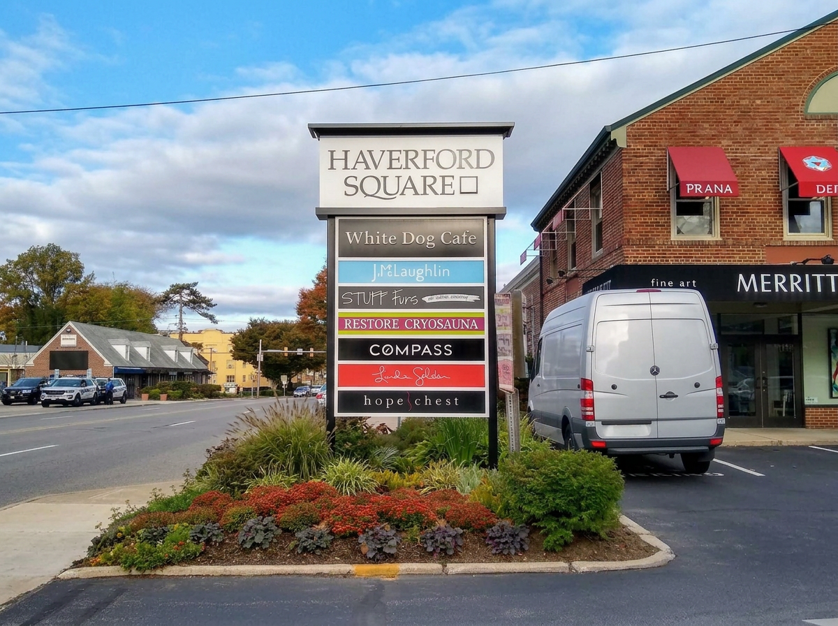 Signage for Haverford Square shopping area with businesses listed, including White Dog Cafe, J.M. Laughlin, Stuff Furs, Restore Cryosauna, Compass, Linda Sheldon, and Hope Chest. A sidewalk with landscaping and a parked white van in front of a brick building with red awnings.