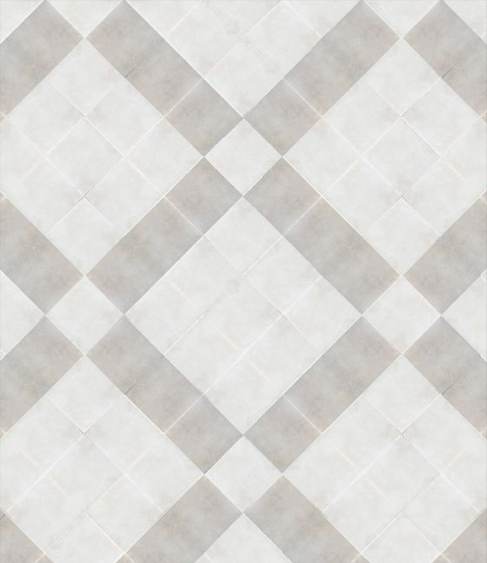 Patterned tile flooring with a diamond geometric design in neutral tones.