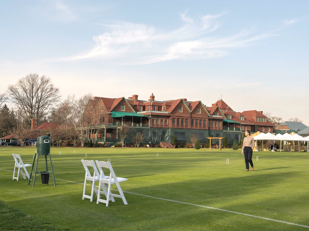 A person walking across a green lawn with white chairs, a trash can, and tents, in front of a large red brick mansion under a blue sky with clouds.