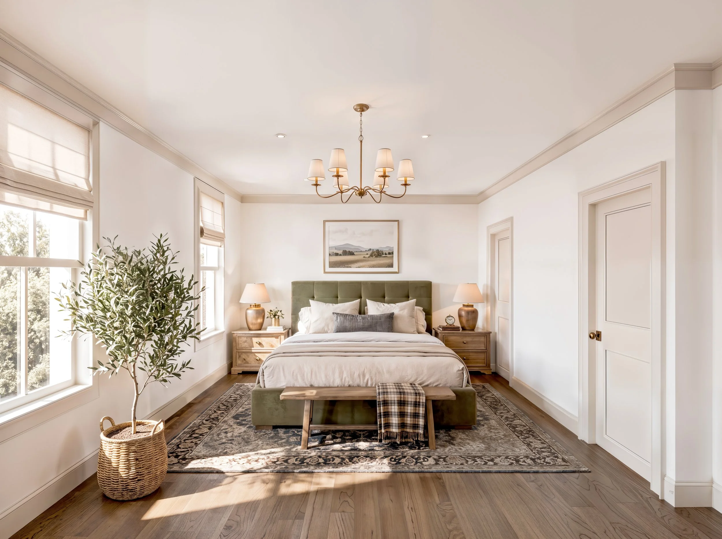 Bright bedroom with large windows, a green upholstered headboard, two bedside lamps, a framed landscape picture, an ornate rug, and a potted plant in a woven basket.
