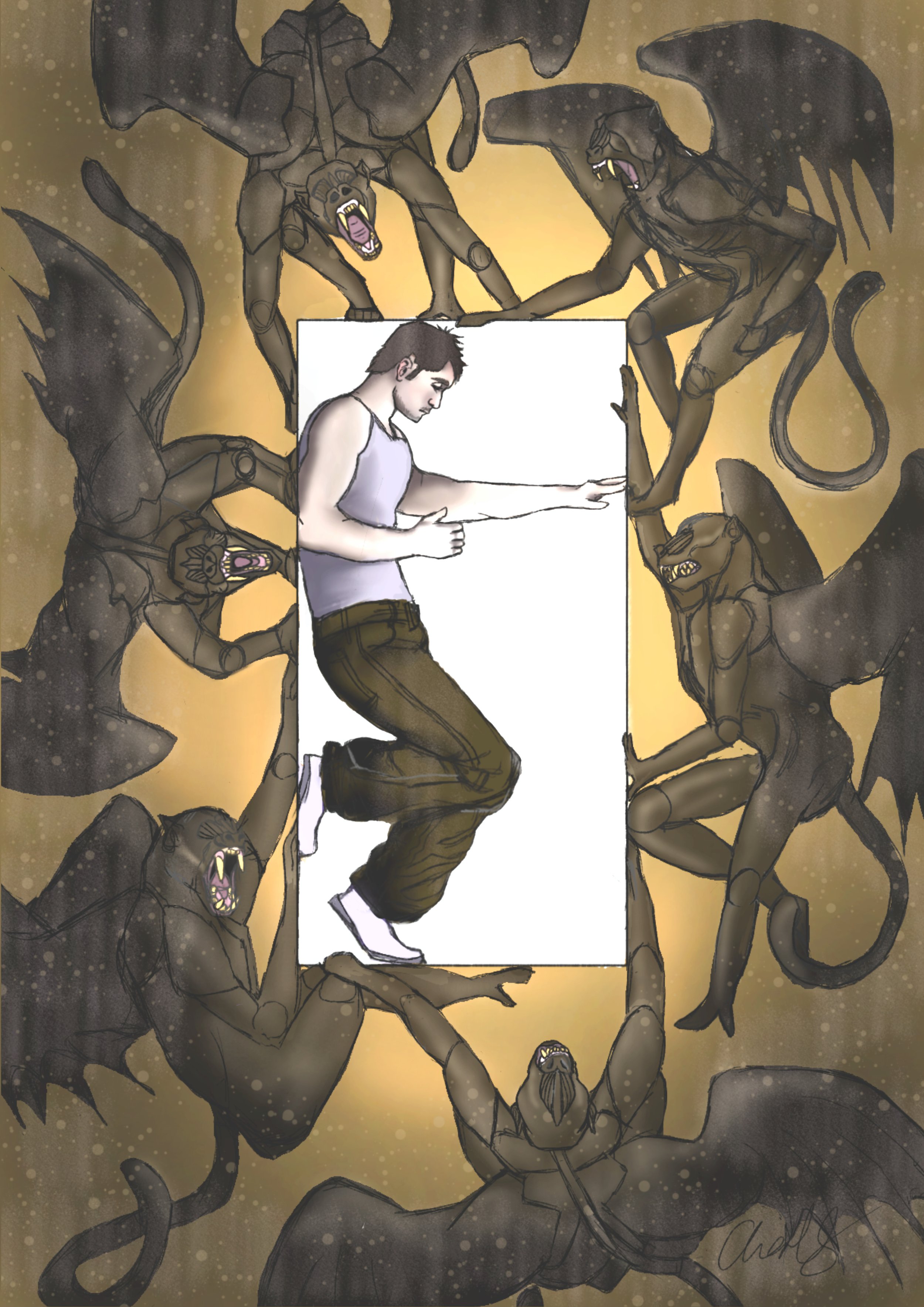 A young man in a white tank top and brown pants, kneeling with his arms extended, is surrounded by multiple large, menacing black panther-like creatures with glowing eyes and sharp teeth. The creatures appear to be attacking or constraining him in a surreal scene.