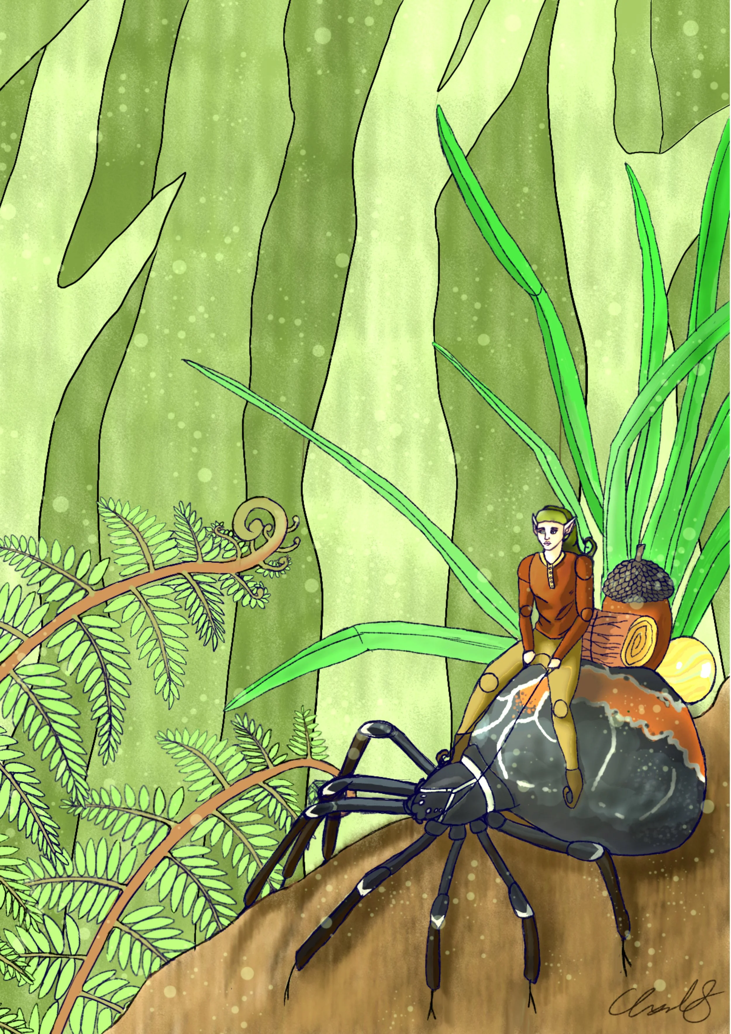Illustration of a jungle scene with a large black spider on a log, a chameleon, green plants, and a humanoid figure with elf-like features standing among the foliage.